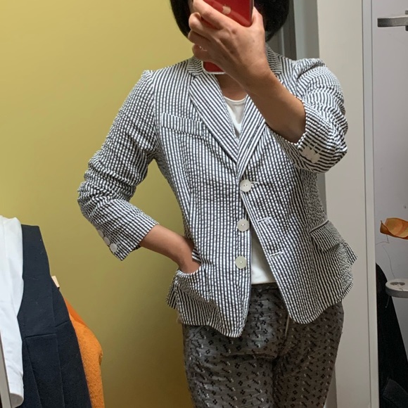 Sandro Seersucker Navy and White Cotton Blazer - Picture 5 of 5